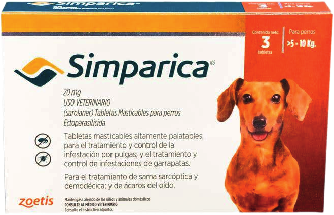 Empaque real de Simparica® 20 mg